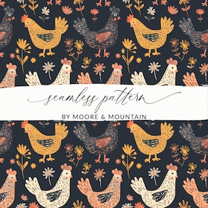Peut inclure: Un motif sans couture représentant des poulets colorés et des fleurs sur un fond bleu foncé. Le motif est parfait pour les tissus, les papiers peints ou d'autres projets créatifs.