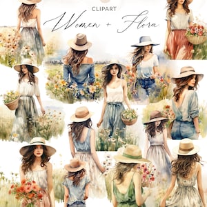 Acuarela hermosa mujer clipart, mujeres con flores clip art, acuarela mujer bonita, acuarela mujer PNG, mujer con flores PNG