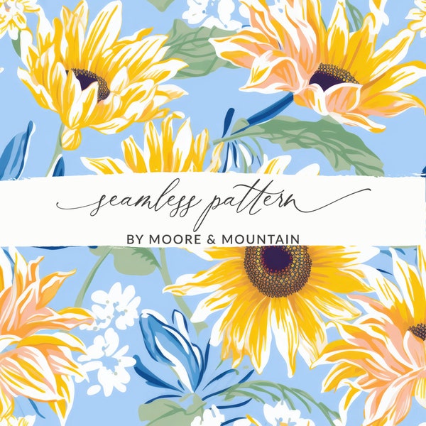 Seamless Sunflower Pattern, Sunflowers Repeating Background, Yellow and Blue Flowers Background Pattern, Repeating Digital Paper PNG