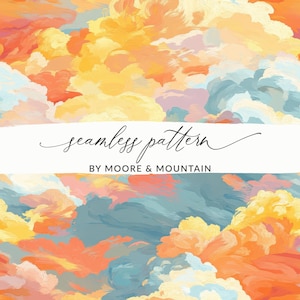 May include: Seamless pattern design featuring a vibrant, painterly depiction of clouds in shades of orange, yellow, and blue. The text "seamless pattern" and "BY MOORE & MOUNTAIN" are displayed on a white banner.
