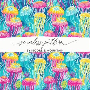 Jellyfish Background, Preppy Jellyfish Seamless Pattern, Sea Creature Background, Neon Ocean Animal Pattern, Seamless Ocean, Neon Ocean