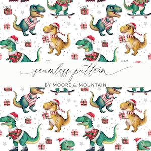 Christmas Dinosaur Seamless Background Pattern, T Rex Christmas Background, Seamless T Rex X Mas Wallpaper Pattern for Commercial Use, PNG