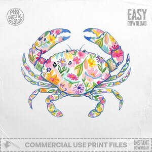Watercolor crab illustration with floral pattern and "EASY DOWNLOAD" text.