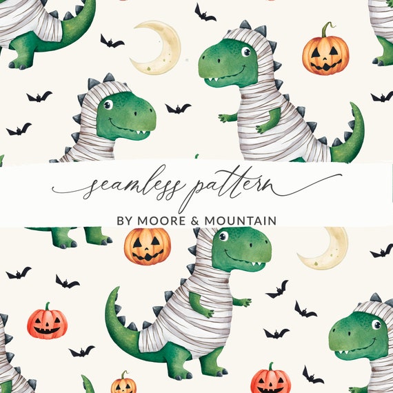 Mummy Dinosaur Halloween Pattern Seamless Funny Halloween Background Pattern With Trex In Mummy Costume Trick or Treating Pattern