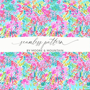 May include: A seamless pattern featuring a colorful abstract design with pink, blue, green, and yellow hues. The pattern is reminiscent of a floral design with a whimsical and playful feel. The text "seamless pattern by Moore & Mountain" is displayed at the bottom of the image.