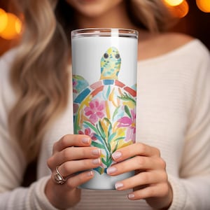 Turtle Floral Tumbler, Colorful Turtle Travel Mug, Insulated Tumbler with Lid, Eco Friendly Reusable Cup, Vibrant Turtle Art Drinkware