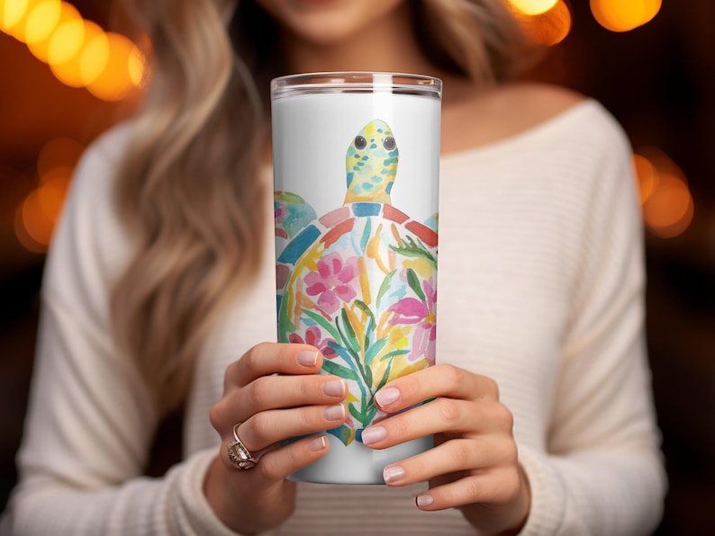 Turtle Floral Tumbler, Colorful Turtle Travel Mug, Insulated Tumbler with Lid, Eco Friendly Reusable Cup, Vibrant Turtle Art Drinkware