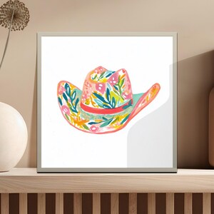 Colorful Floral Cowboy Hat Art Print, Western Themed Wall Decor, Vibrant Boho Home Decoration, Country Living Room Artwork