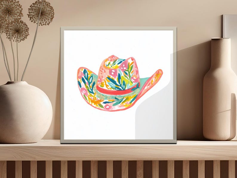 Colorful Floral Cowboy Hat Art Print, Western Themed Wall Decor, Vibrant Boho Home Decoration, Country Living Room Artwork