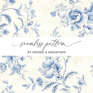 Chinoiserie Pattern Blue Chinoiserie Floral Pattern Blue Handdrawn Floral Design, Elegant Toile Seamless Background, Commercial Use