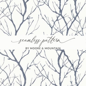Könnte beinhalten: Ein nahtloses Muster mit einem sich wiederholenden Design aus kahlen Ästen in hellblauer Farbe vor weißem Hintergrund. Der Text "seamless pattern" und "BY MOORE & MOUNTAIN" ist im Bild enthalten.