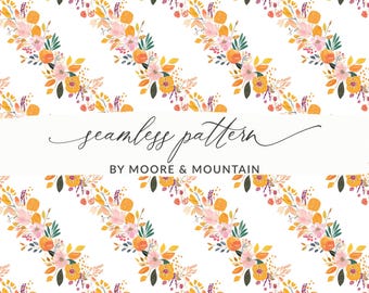 May include: A seamless floral pattern featuring diagonal rows of watercolor flowers in shades of peach, orange, and pink, with green leaves and berries, set against a white background. The text "seamless pattern" and "BY MOORE & MOUNTAIN" are also visible.