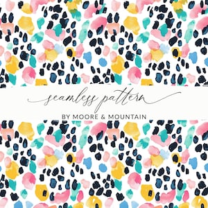 Puede incluir: Diseño de patrón sin costuras con formas abstractas coloridas en rosa, amarillo, turquesa, azul y negro sobre un fondo blanco. También está presente el texto "seamless pattern" y "BY MOORE & MOUNTAIN".