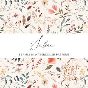 May include: A seamless watercolour pattern with a floral design of leaves and flowers in red, green, and brown hues. The word "Salina" is written in cursive, with the text "SEAMLESS WATERCOLOR PATTERN" below.