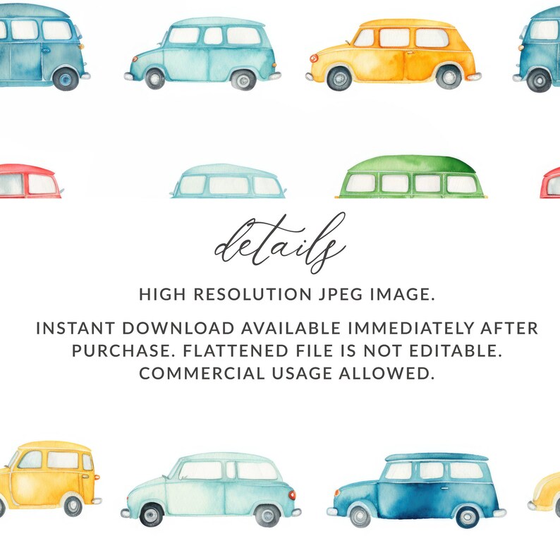 Colorful Cars Repeating Background Pattern for Textile Design Boys Cars Pattern, Watercolor Cars Background, Vintage Car Pattern Handpainted image 8