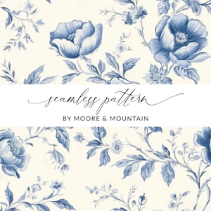 Chinoiserie Pattern Blue Chinoiserie Floral Pattern Blue Chinese Floral Design, Navy Blue Toile Seamless Background, Blue and White