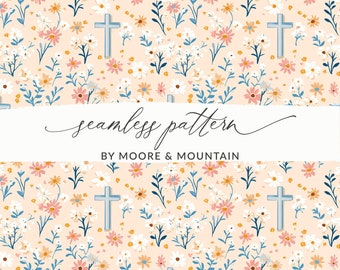 May include: A seamless pattern featuring a light peach background with white, pink, and yellow flowers, blue leaves, and blue crosses. The text "seamless pattern" and "BY MOORE & MOUNTAIN" is at the bottom of the image.