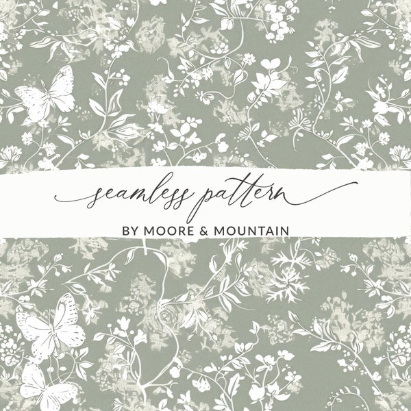 Delicate Flower Vine Seamless Pattern, Spring Toile Background, Dainty Vine with Blooms, Sage Green Toile Seamless PNG, Butterfly Toile File