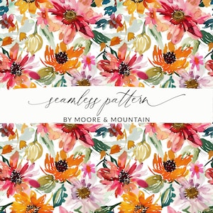 Op de afbeelding: Een naadloos patroon met aquarelbloemen in tinten roze, oranje en geel op een witte achtergrond. De bloemen zijn in een willekeurig patroon gerangschikt en hebben een zachte, schilderachtige uitstraling. De tekst "seamless pattern" en "by Moore & Mountain" is in de afbeelding opgenomen.