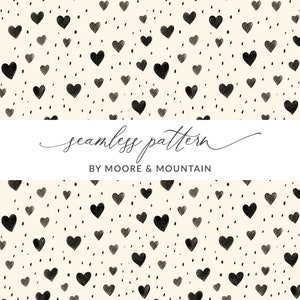 May include: A seamless pattern featuring black hand-drawn hearts on a cream background. The text "seamless pattern" and "BY MOORE & MOUNTAIN" is displayed below the pattern.