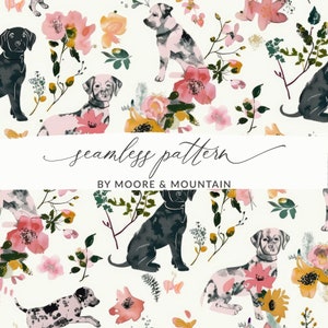 May include: A seamless pattern featuring watercolor illustrations of dogs and flowers. The dogs are black, white, and brown with spots. The flowers are pink, yellow, and green. The pattern is on a white background. The text "seamless pattern" and "by Moore & Mountain" is included in the image.