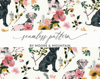 Könnte beinhalten: Ein nahtloses Muster mit Aquarell-Illustrationen von Hunden und Blumen. Die Hunde sind schwarz, weiß und braun mit Flecken. Die Blumen sind rosa, gelb und grün. Das Muster ist auf weißem Hintergrund. Der Text "seamless pattern" und "by Moore & Mountain" ist im Bild enthalten.