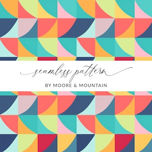 Puede incluir: Un patrón sin costuras con un diseño geométrico repetitivo de cuadrados y cuartos de círculo de colores. Los colores incluyen amarillo, naranja, rojo, rosa, azul, verde y turquesa.