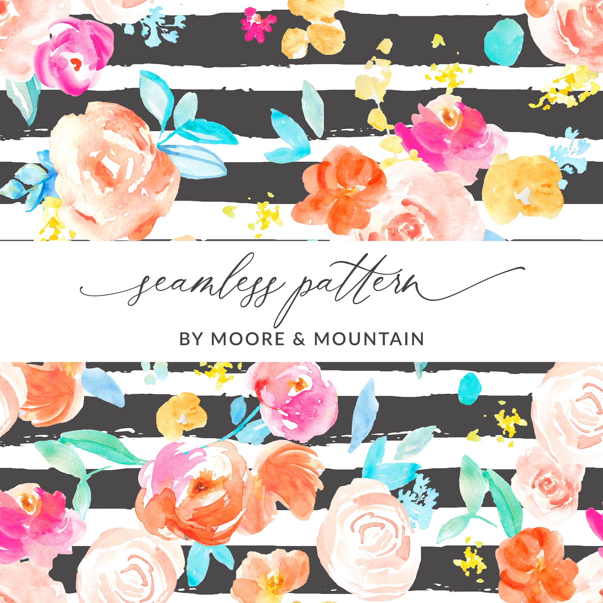 Seamless Watercolor Flowers and Stripes Seamless Background - Etsy