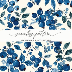 May include: A seamless pattern featuring blue and green watercolor blueberries and leaves on a cream background. The text "seamless pattern" and "by Moore & Mountain" is included in the design.