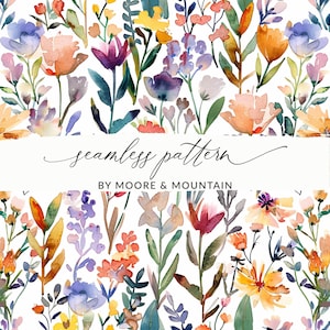 May include: A seamless pattern featuring watercolour illustrations of colourful flowers and foliage. The pattern is on a white background and includes the text "seamless pattern" and "by Moore & Mountain".
