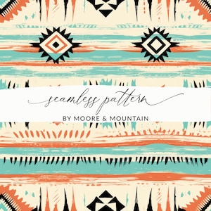 May include: A seamless pattern featuring a geometric design with black, white, orange, and blue colors. The pattern is repeated throughout the image. The text "seamless pattern" and "BY MOORE & MOUNTAIN" is included in the image.