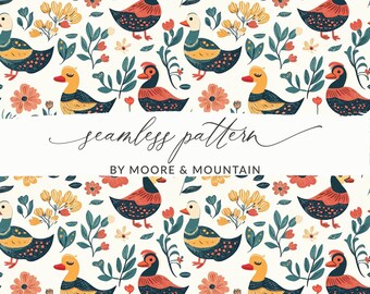 May include: A seamless pattern featuring stylized ducks with colorful geometric patterns on a white background with yellow, red, and green floral accents. The pattern is titled "seamless pattern" and "by Moore & Mountain".