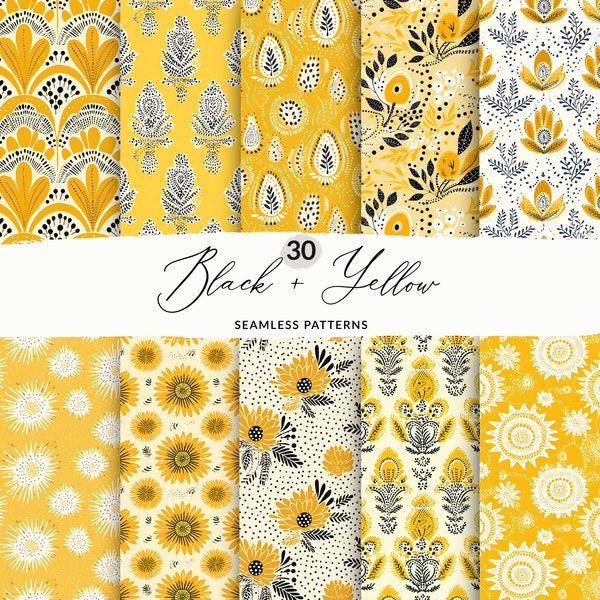 30 Seamless Boho Line Patterns, Black and Yellow Seamless Digital Papers, Yellow and Black Seamless Wallpaper Patterns, Modern Black Pattern