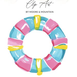 Preppy Pool Float PNG Clip Art | Summer Life Buoy Watercolor Sublimation File | Hand Drawn Beach Circle Digital Art | Bright Pink Blue