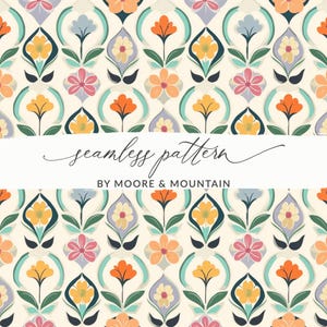May include: A seamless pattern featuring stylized floral designs in orange, yellow, pink, and blue on a cream background. The design includes the text "seamless pattern" and "BY MOORE & MOUNTAIN".