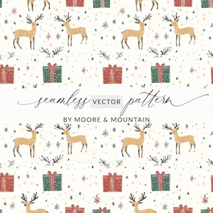 Papel digital con patrón de regalo de reno VECTOR, patrón sin costuras de ciervo navideño EPS, fondo de vacaciones de invierno escandinavo
