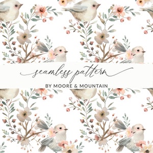 Könnte beinhalten: Ein nahtloses Muster mit zarten Aquarell-Illustrationen von Vögeln und Blumenzweigen. Die Vögel sind weiß mit grauen Flügeln und sitzen auf Zweigen mit rosa und weißen Blüten. Der Hintergrund ist weiß.