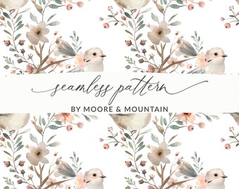 Pastel Birds Seamless Pattern Bird on Branches Background Pattern Bird Neutral Digital Paper Pattern