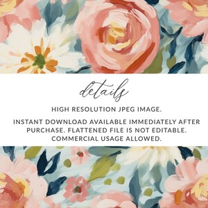 May include: A digital download of a high-resolution floral pattern featuring pink, white, and blue flowers on a light blue background. The text "details" is written in cursive at the top of the image. The text below reads "HIGH RESOLUTION JPEG IMAGE. INSTANT DOWNLOAD AVAILABLE IMMEDIATELY AFTER PURCHASE. FLATTENED FILE IS NOT EDITABLE. COMMERCIAL USAGE ALLOWED."