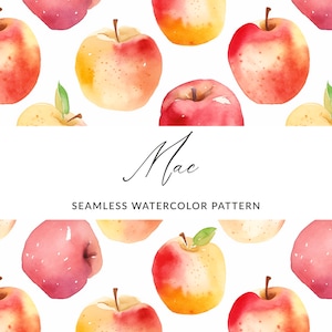 May include: A seamless watercolor pattern featuring red and yellow apples. The apples are arranged in a repeating pattern on a white background. The text "Mac Seamless Watercolor Pattern" is written in black at the bottom of the image.