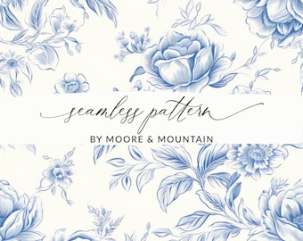 Seamless Chinoiserie Pattern Light Blue Chinoiserie Floral Pattern Sketched Chinese Floral Design, Light Blue Toile Seamless Background