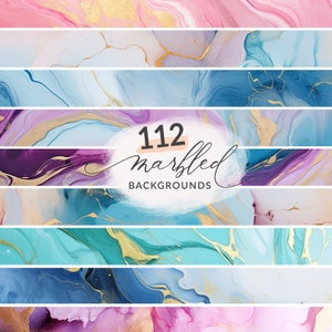 May include: A set of 112 digital backgrounds featuring abstract marbled designs in shades of pink, blue, purple, and teal with gold accents.
