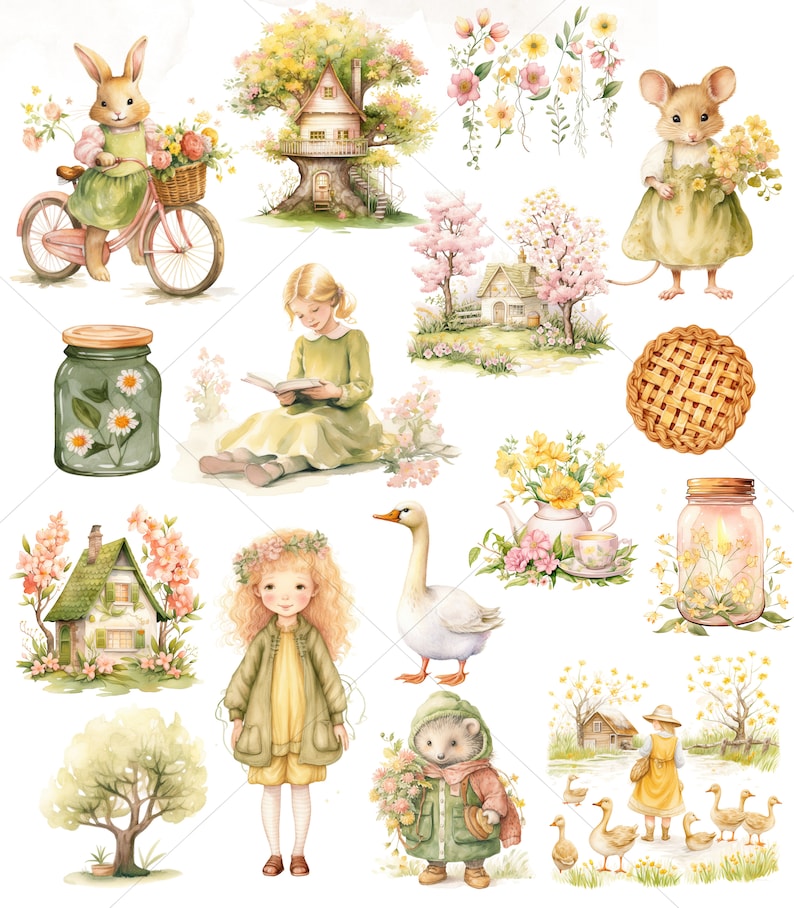 Op de afbeelding: Een verzameling aquarel illustraties met een verscheidenheid aan grillige personages en sc&egrave;nes. De illustraties omvatten een konijn dat op een fiets rijdt, een meisje dat een boek leest, een muis die bloemen vasthoudt, een gans, een egel, een taart, een boom, een huis en een pot met bloemen.
