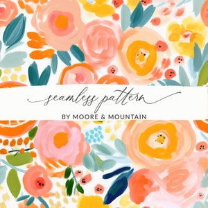 Citrus Seamless Pattern, Watercolor Bright Ranunculus Flower Pattern Seamless Orange and Pink Flowers Background Pattern Modern Painterly