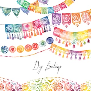 May include: Watercolour illustration of colourful DIY bunting flags with tassels. The flags are decorated with various patterns and designs. The text "DIY Bunting" is written below the flags.