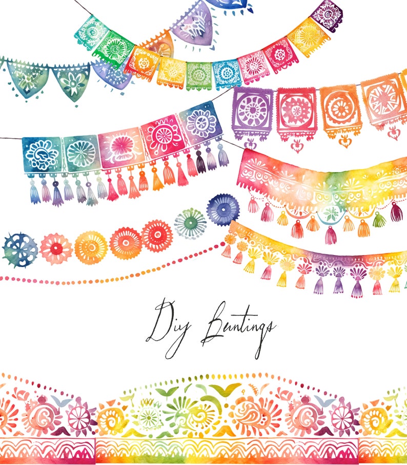 May include: Watercolour illustration of colourful DIY bunting flags with tassels. The flags are decorated with various patterns and designs. The text "DIY Bunting" is written below the flags.