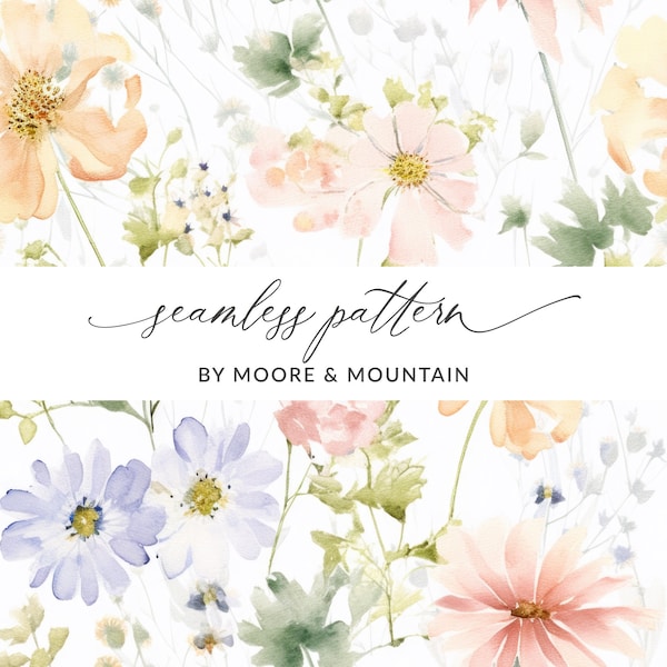 Pastel Spring Flowers Background Pattern, Seamless Spring Floral Background, Watercolor Pastel Flowers Seamless Pattern, Spring Pastel