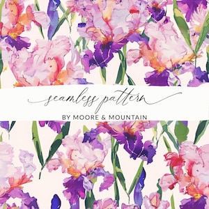 Puede incluir: Patrón floral sin costuras con iris en acuarela en tonos morado, rosa y naranja, con hojas verdes sobre un fondo crema. El texto "seamless pattern" se muestra en cursiva, con "BY MOORE & MOUNTAIN" debajo.