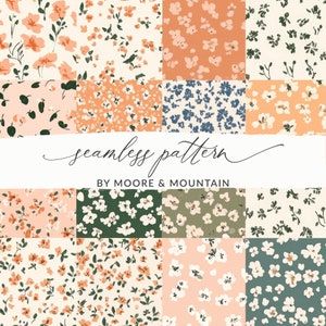 Op de afbeelding: Een verzameling van zestien naadloze bloempatronen, gerangschikt in een raster. De ontwerpen tonen kleine, gestileerde bloemen en bladeren in perzik, wit, blauw en groen, tegen achtergronden van crème, roze en gedempte tinten. De tekst "seamless pattern" en "BY MOORE & MOUNTAIN" is ook zichtbaar.