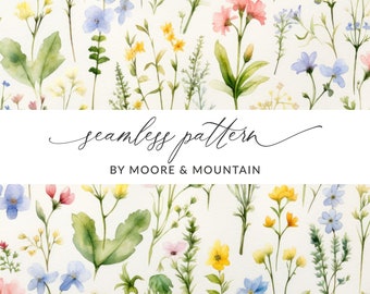 Seamless Watercolor Botanical Floral Pattern, Botanical Illustration Seamless, Whimsical Botanical Seamless Background Herbs, Garden Floral